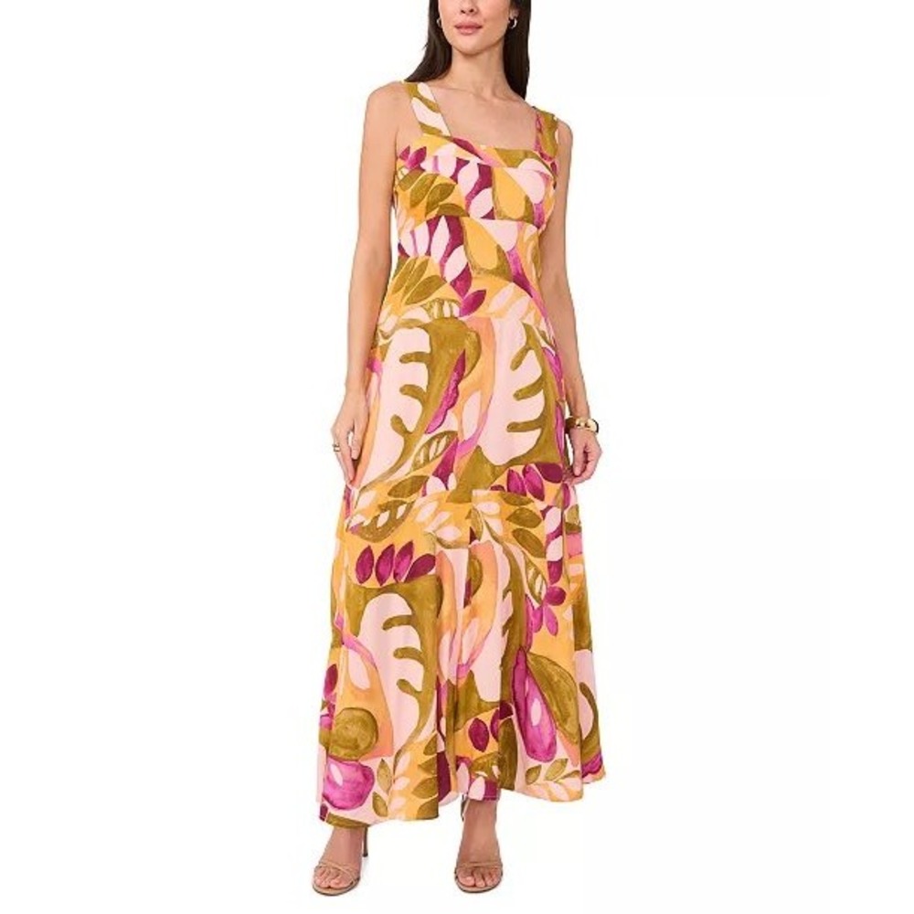 Vince Camuto Square Neck Smocked-Back Sleeveless Maxi Sundress XL Tropical Dress